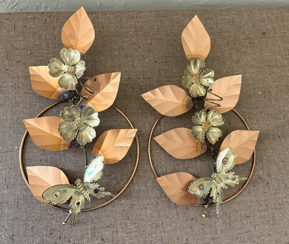 Vintage 1970s Butterfly Floral Wall Art Pair Burnished Metal 11x6” Each MCM
